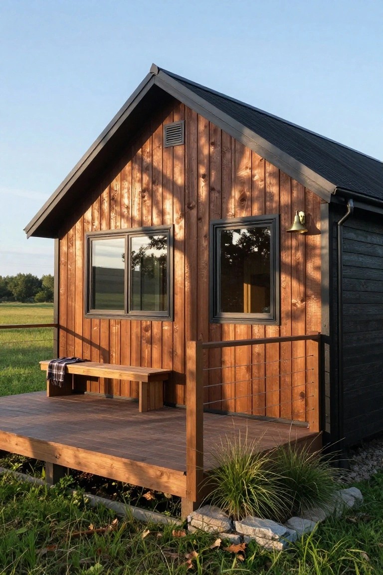 Side view of a small gabled cabin with vertical warm-toned wood siding, black roof and window frames, wooden deck with bench, plaid blanket, cable railing, and ornamental grass at the base amid rocks and grass.