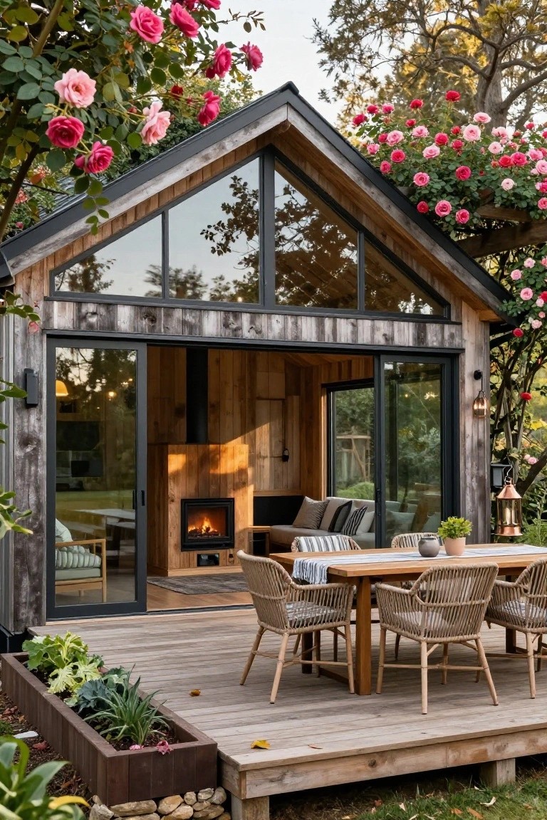 Small wooden cabin with dark cladding and large glass sliding doors open to a deck holding a rectangular wooden table with rattan chairs, a planter box of greens, climbing pink roses on the structure, and lanterns nearby.