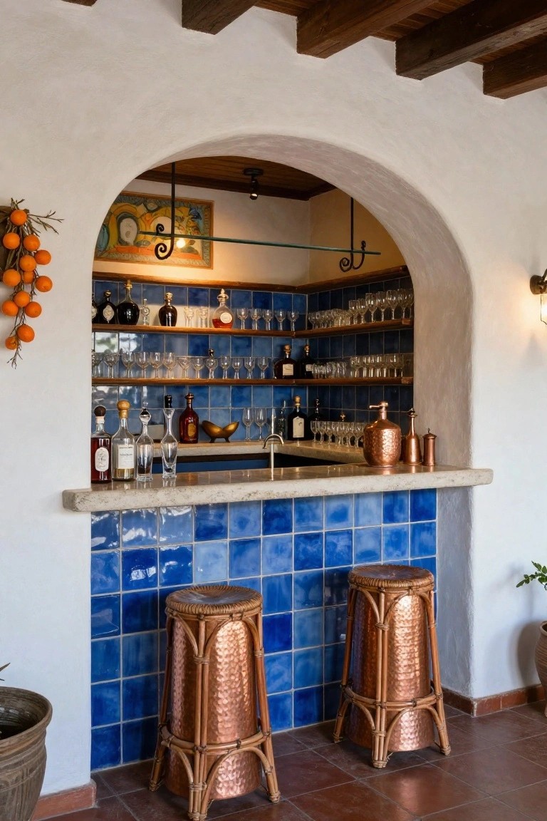 Arched alcove bar area with blue tiles on walls and shelves stocked with glassware and liquor bottles, wood beam ceiling, copper bar stools, and hanging oranges in a white stucco interior.