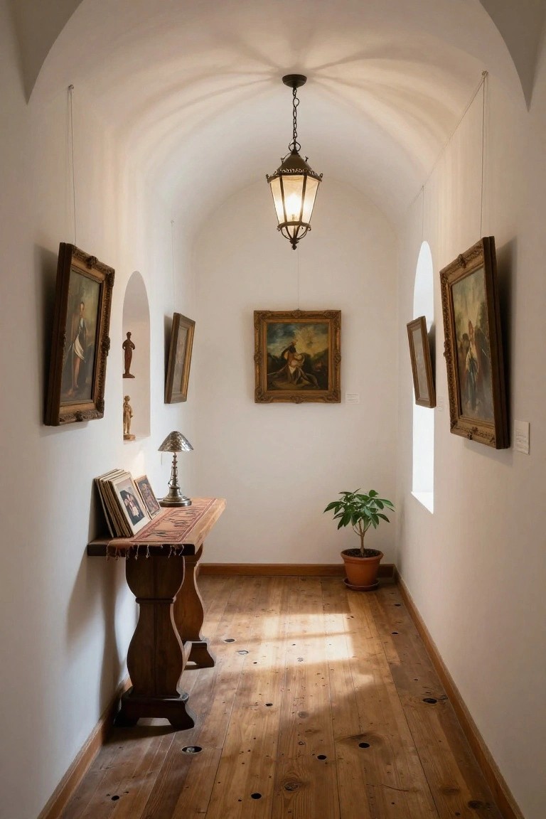 Narrow indoor hallway featuring white arched ceiling and walls, wooden plank floor with knots, framed oil paintings on walls, arched niches with statues, wooden console table with lamp books and photos, potted plant near small window.