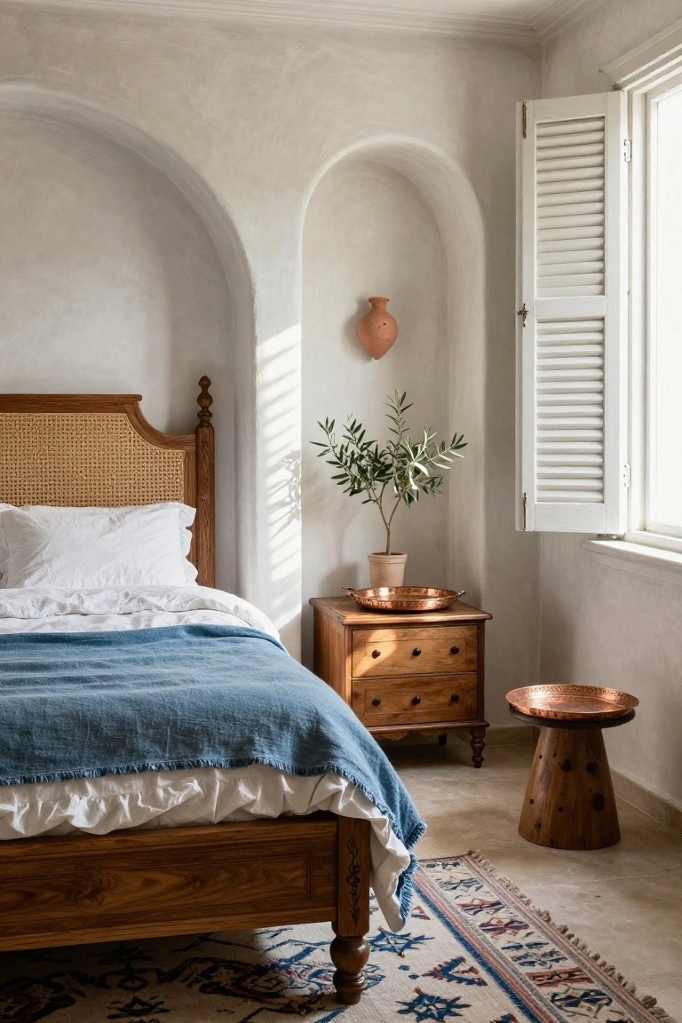 Bedroom with beige plaster walls and arched recess holding terracotta pot, wooden rattan headboard bed with white bedding and blue throw, wooden nightstand with copper tray and potted olive tree, copper stool, and blue patterned rug.