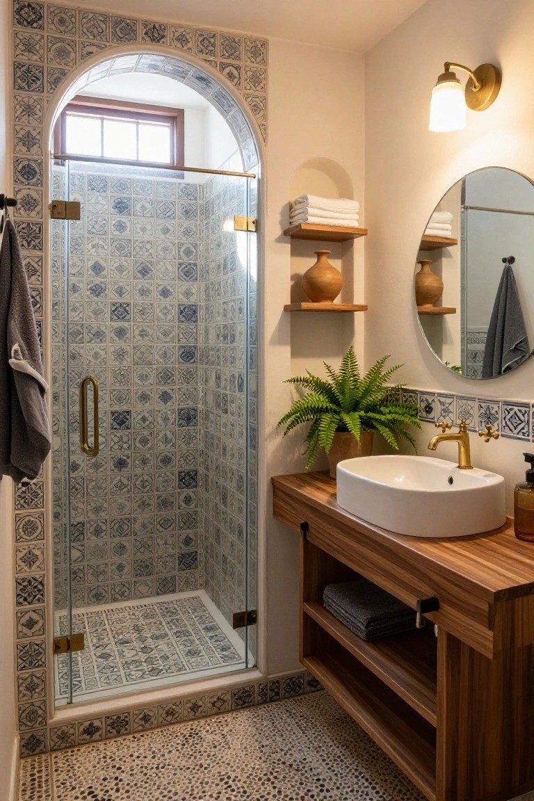 Small bathroom with glass shower enclosure featuring blue and white geometric patterned tiles on walls and floor, arched niche, wooden vanity with white sink, round mirror, towels, plants, and brass fixtures.
