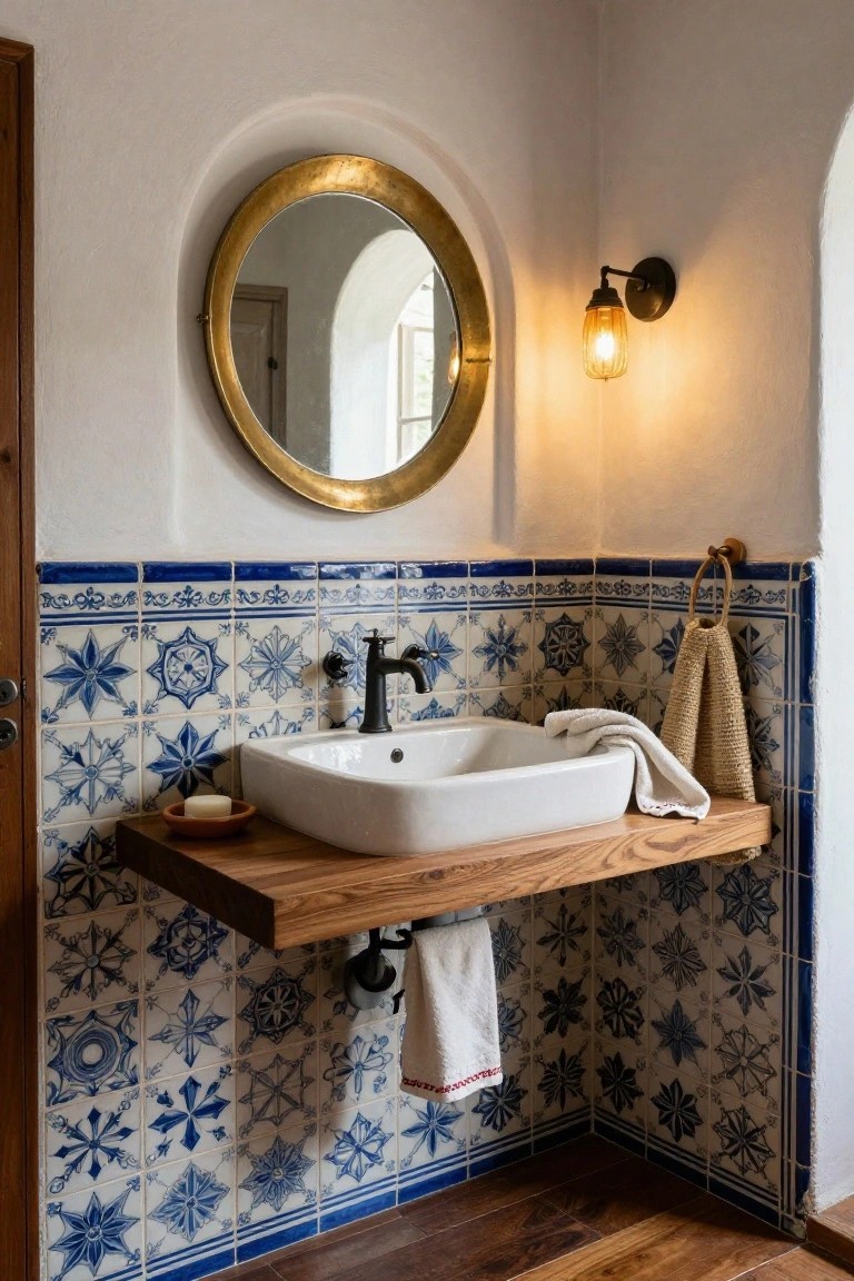 Corner bathroom with white vessel sink on floating wooden shelf vanity, blue and white patterned ceramic tiles on lower walls, gold round mirror above, wall sconce light, towels hanging nearby, and wooden door.
