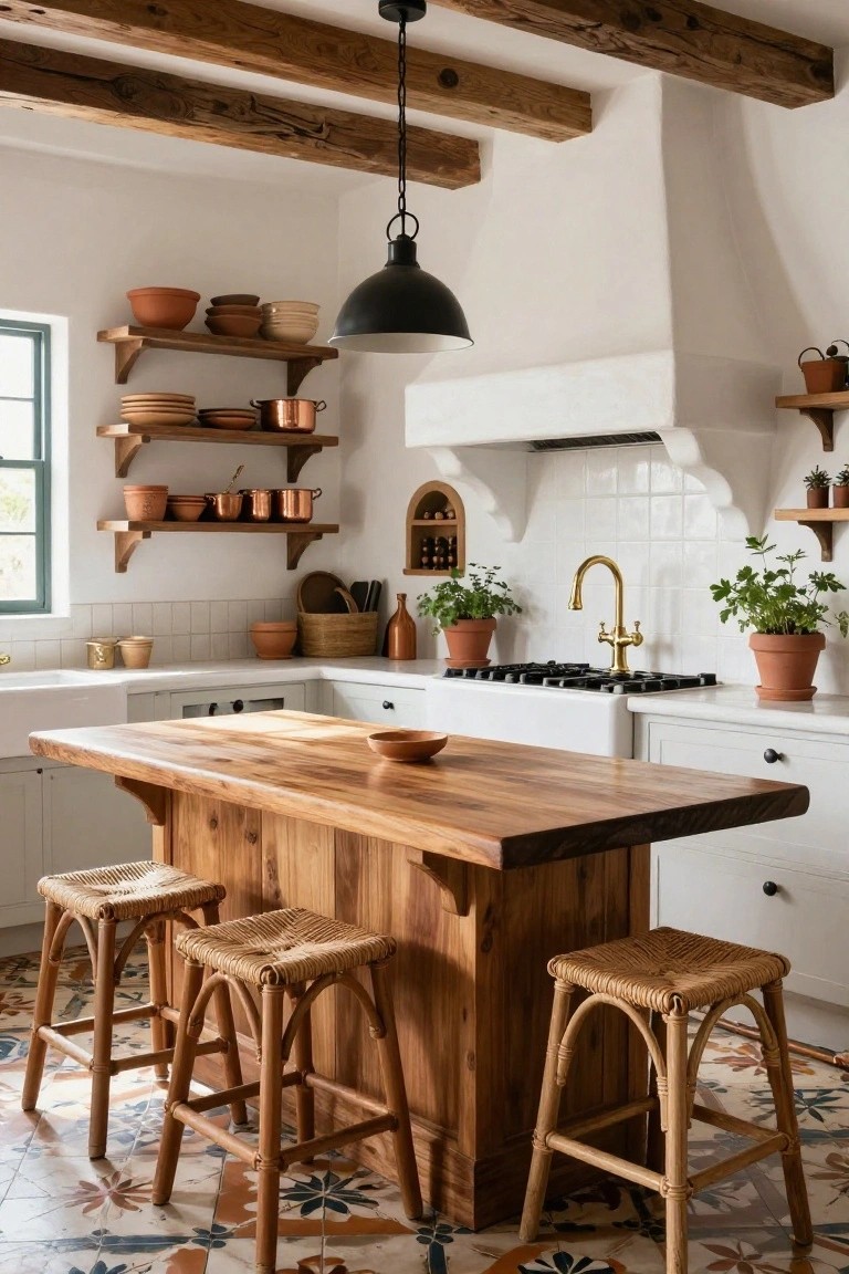 Kitchen interior with exposed wooden beams, white walls and cabinets, large wooden island with four rattan bar stools, open shelves holding pottery and copper pots, gold faucet, and colorful patterned tile floor.