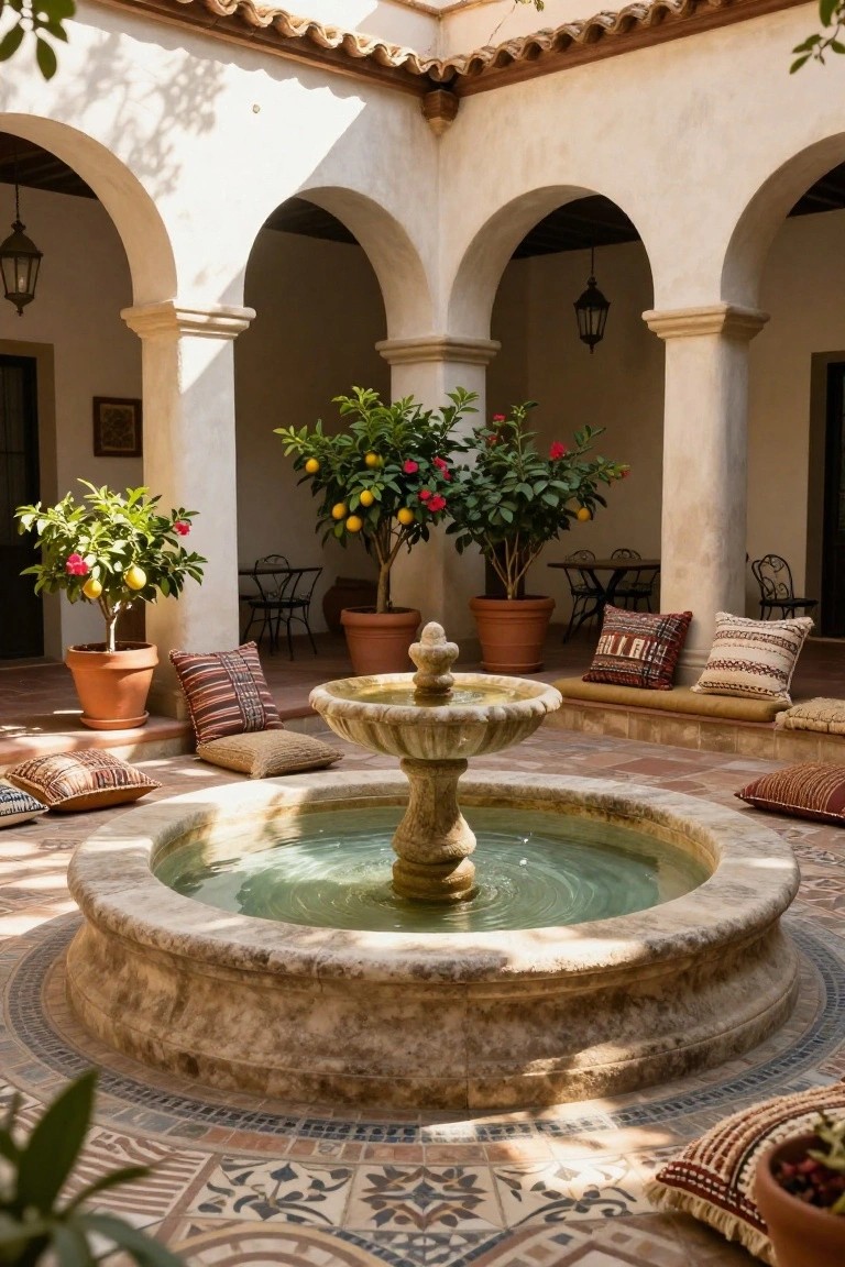 Sunlit hacienda-style courtyard with white stucco arches and columns, central circular stone fountain with green water, surrounding terracotta tiles, floor cushions in striped and patterned fabrics, potted citrus and hibiscus trees, small metal tables and chairs, and hanging lanterns.