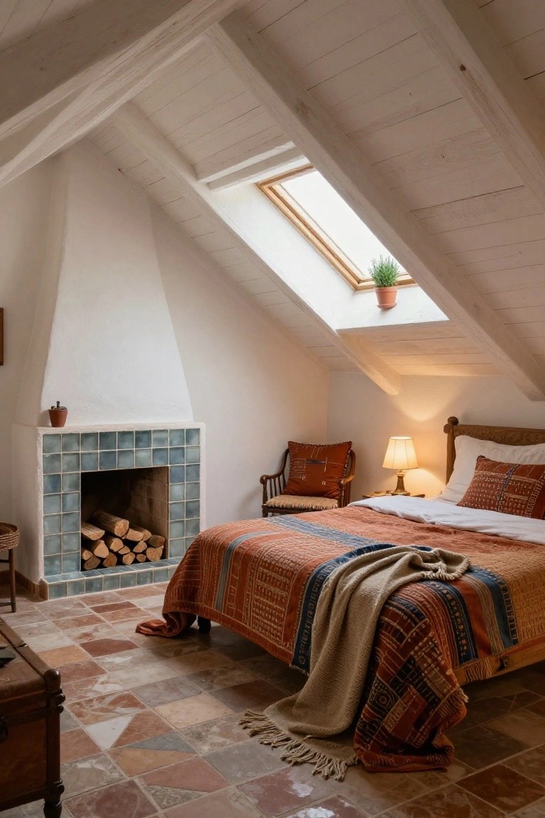 Attic bedroom interior with sloped white ceiling and exposed wooden beams, skylight holding a potted plant, blue-tiled fireplace with stacked firewood, wooden bed draped in colorful woven blankets and pillows, rattan chair with cushions, lamp, and terracotta tile floor.