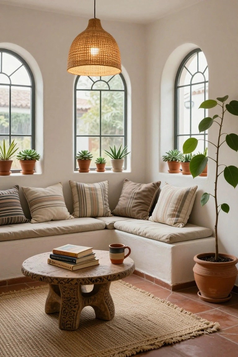 White corner room with built-in beige banquette piled with striped and neutral cushions under three arched green-framed windows with potted plants on sills, low carved wooden table holding books and mug, large potted plant in terracotta pot, woven pendant lamp overhead, and beige rug on terracotta tile floor.