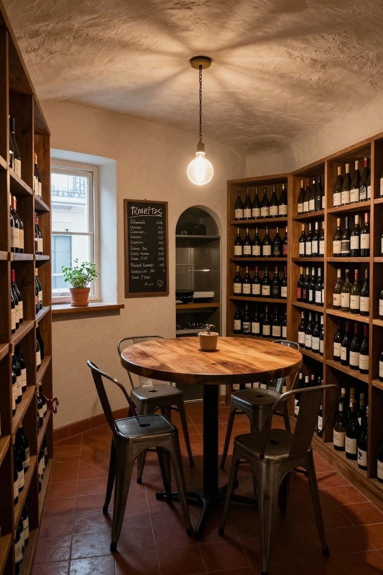 Vaulted interior room with wooden shelves of wine bottles on all walls, round wooden table and four metal chairs in center, chalkboard menu, small window with potted plant, and pendant light.