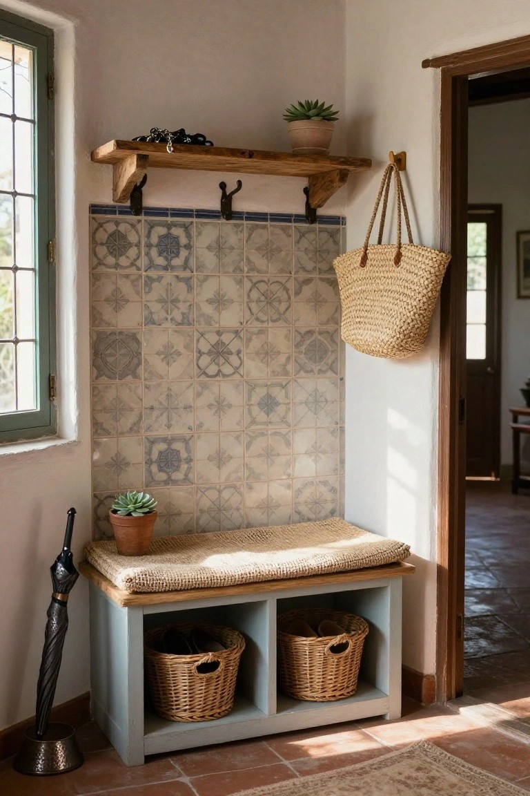 Corner entryway with wooden bench topped by woven cushion, blue-toned tile backsplash, wall shelf and hooks, potted succulents, two baskets in bench cubbies, hanging straw bag, umbrella stand, and open door on terracotta floor.