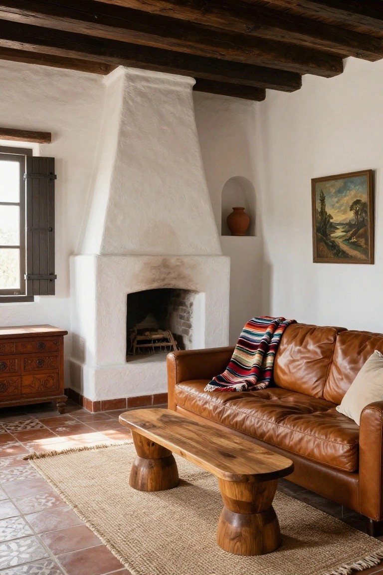 White adobe walls and exposed dark wooden beams on the ceiling in a Spanish-style living room with a large fireplace, brown leather sofa draped with a colorful striped blanket, wooden chest, wooden coffee table, and terracotta tile floor.