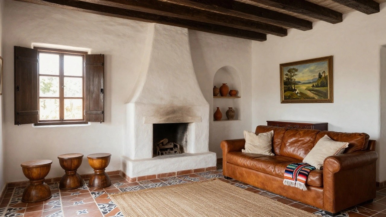 White adobe walls and exposed dark wooden beams on the ceiling in a Spanish-style living room with a large fireplace, brown leather sofa draped with a colorful striped blanket, wooden chest, wooden coffee table, and terracotta tile floor.