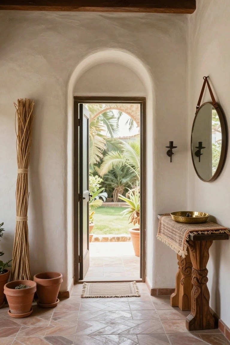 Whitewashed arched entryway interior with open wooden door to garden, tall bundled reeds, terracotta pots, carved wooden console table topped with brass bowl and woven runner, round leather-strapped mirror, and sconce on terracotta tiled floor.