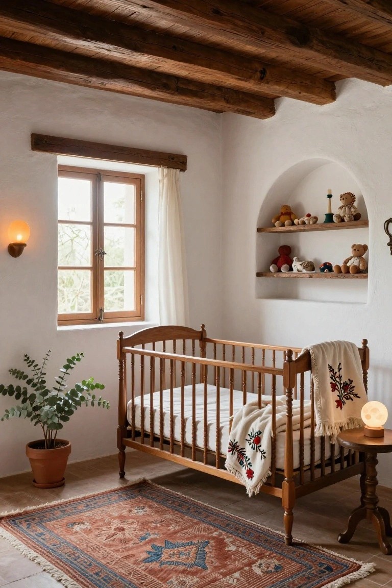 Nursery interior with white adobe walls, exposed wooden beam ceiling, arched niche shelf displaying stuffed animals and toys, wooden spindle crib with white and embroidered blankets, potted eucalyptus plant, small wooden side table with moon lamp, and terracotta rug on tile floor.