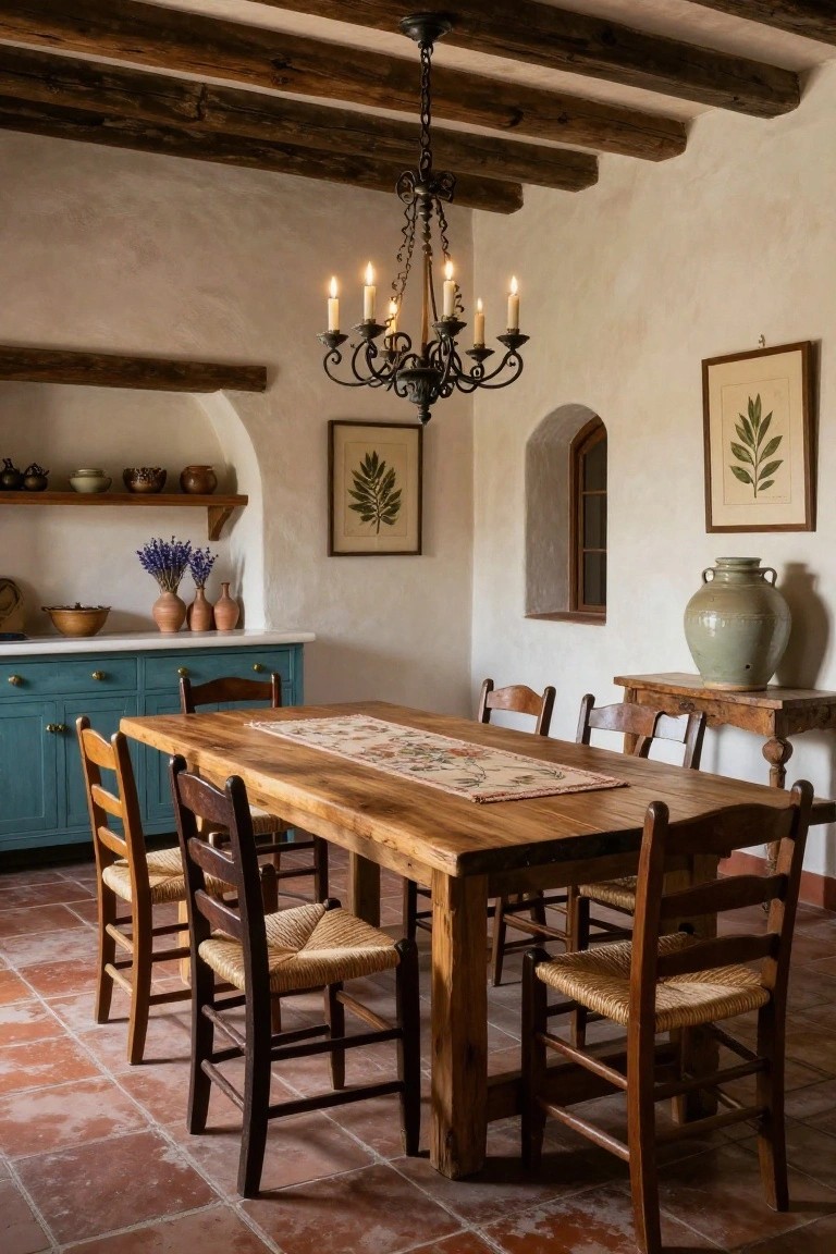 Dining room with large rectangular wooden table and six wooden chairs with woven rush seats, centered under black metal chandelier with burning candles, exposed dark wood ceiling beams, white textured walls, teal cabinets, arched niche shelves with pottery and lavender, and terracotta tile floor.