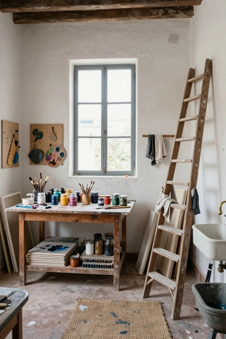 Whitewashed interior of an artist's studio featuring a wooden workbench with paint jars, brushes, and canvases, a tall wooden ladder, sink, and window with green shutters.