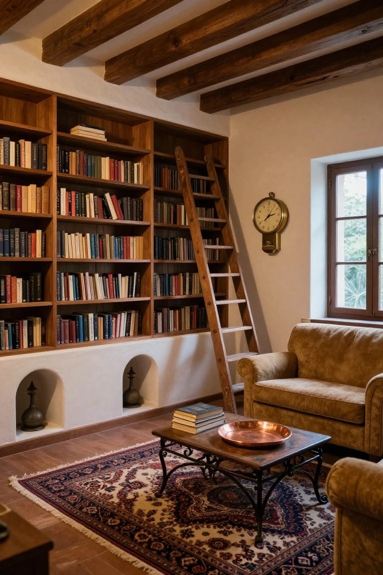 Cozy library room interior with tall wooden bookshelves filled with colorful books, sliding wooden ladder, mustard armchair, low table with copper tray and books, wall clock, arched niches, Persian rug, and wooden beams on white walls.