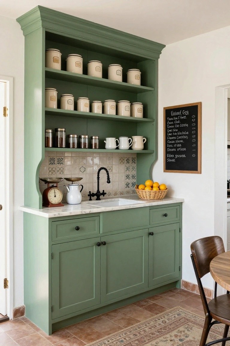 Tall green-painted wooden cabinet with open upper shelves holding ceramic jars, glass containers, and whiteware, a marble countertop with white sink, brass faucet, scale, and tiled backsplash in a kitchen next to a wooden chair and table.