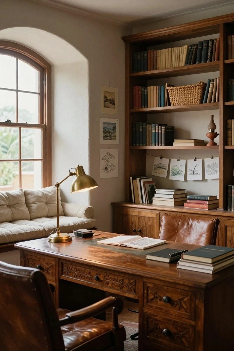 Cozy study with wooden desk, brass lamp, leather chair, bookshelves, and arched window.