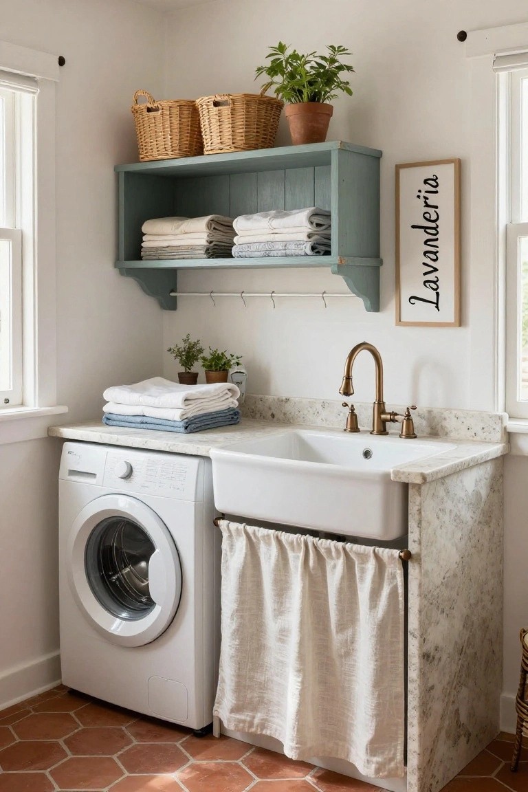 White front-loading washing machine beside a white farmhouse sink on a light quartz countertop with brass faucet, teal open shelves stocked with folded linens and wicker baskets above, plants on surfaces and shelves, and red hexagon terracotta floor tiles in a white-walled room.