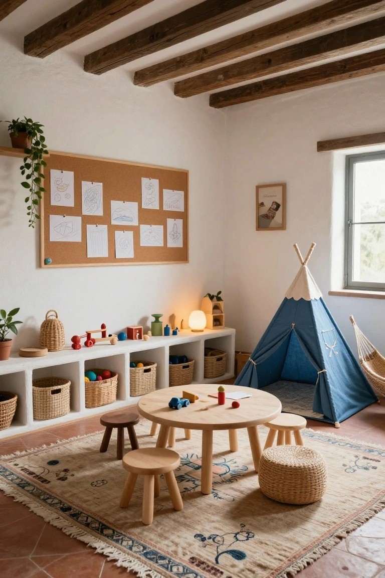 Rustic children's playroom interior with exposed wooden ceiling beams, corkboard wall displaying drawings, open white shelves stocked with woven baskets and wooden toys, blue canvas play tent, round wooden play table surrounded by small wooden stools and rattan pouf on patterned rug over terracotta tile floor.