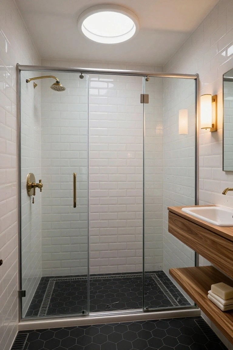 Compact modern bathroom with white subway tile walls and shower enclosure, brass shower fixtures and faucet, floating wooden vanity and shelf, and black hexagonal floor tiles.