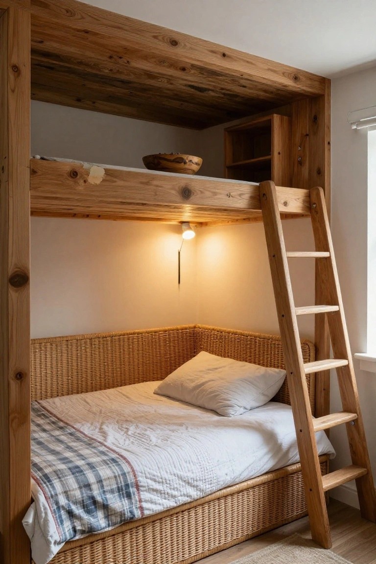 Wooden bunk bed frame with ladder access to upper platform featuring a shelf and bowl, lower wicker-sided bed with plaid blanket and pillows, wall light, and bookshelves in a white-walled room.