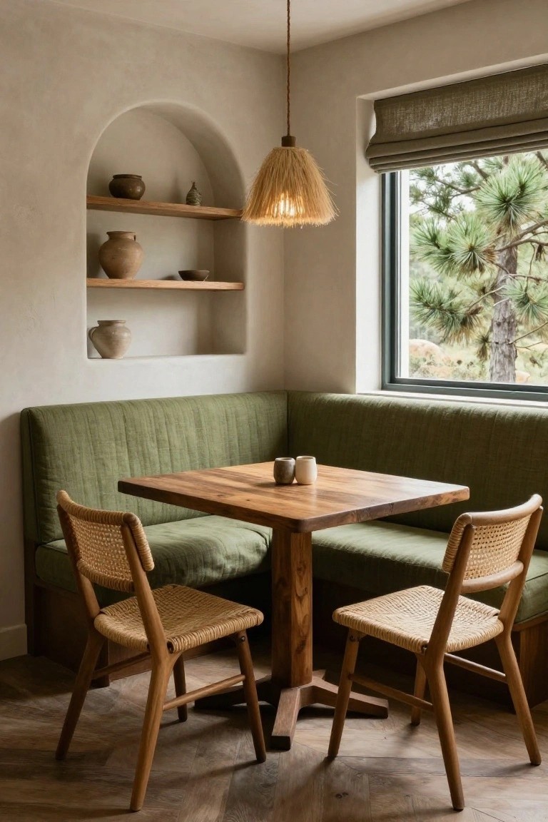 Cozy interior dining nook featuring a green tufted banquette in the corner, square wooden table with two ceramic mugs, two rattan chairs, arched wall niche with pottery on wooden shelves, rattan pendant lamp, linen window shade, and view of pine trees outside a large window.