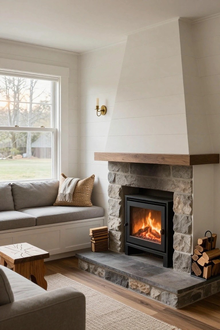 Cozy living room interior with a stone fireplace containing a black wood-burning stove with flames, adjacent built-in window bench seat with gray cushions and pillows, wooden stool, firewood stack, and window overlooking autumn trees and yard.