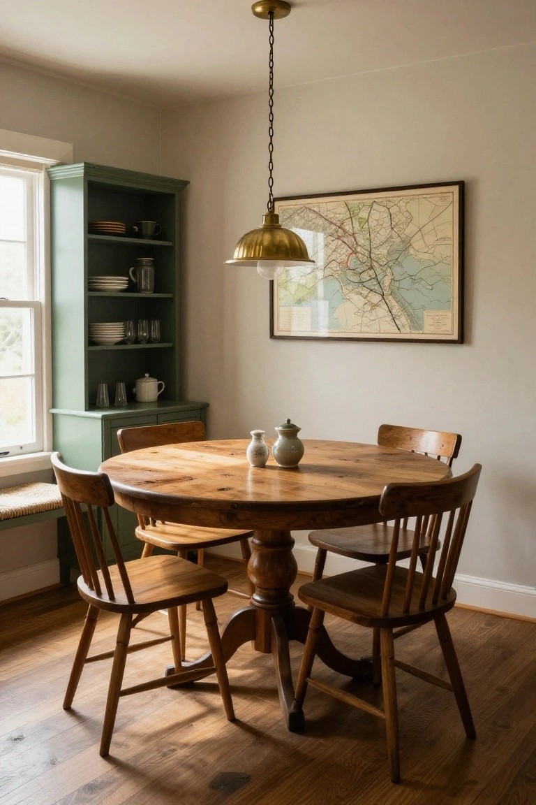 Round wooden pedestal dining table with four wooden chairs in a light-filled corner room next to a green cabinet, brass pendant light overhead, and a framed map on the wall.