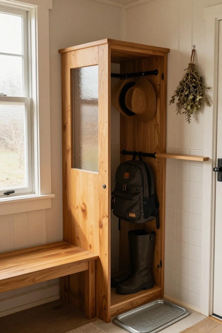 Wooden corner cabinet with bench seat, hat hooks, backpack hanger, boot storage, and metal drip tray in a white-walled room beside a window and door.