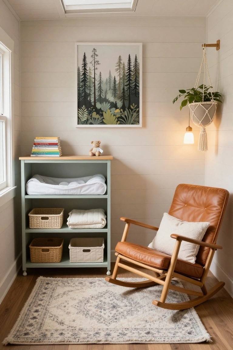 Small nursery interior with mint green dresser topped by changing pad and white cover, wicker baskets and folded blankets on shelves, stack of books and teddy bear on top, tan leather rocking chair on patterned rug, forest artwork on wall, hanging plant, and wall lamp.