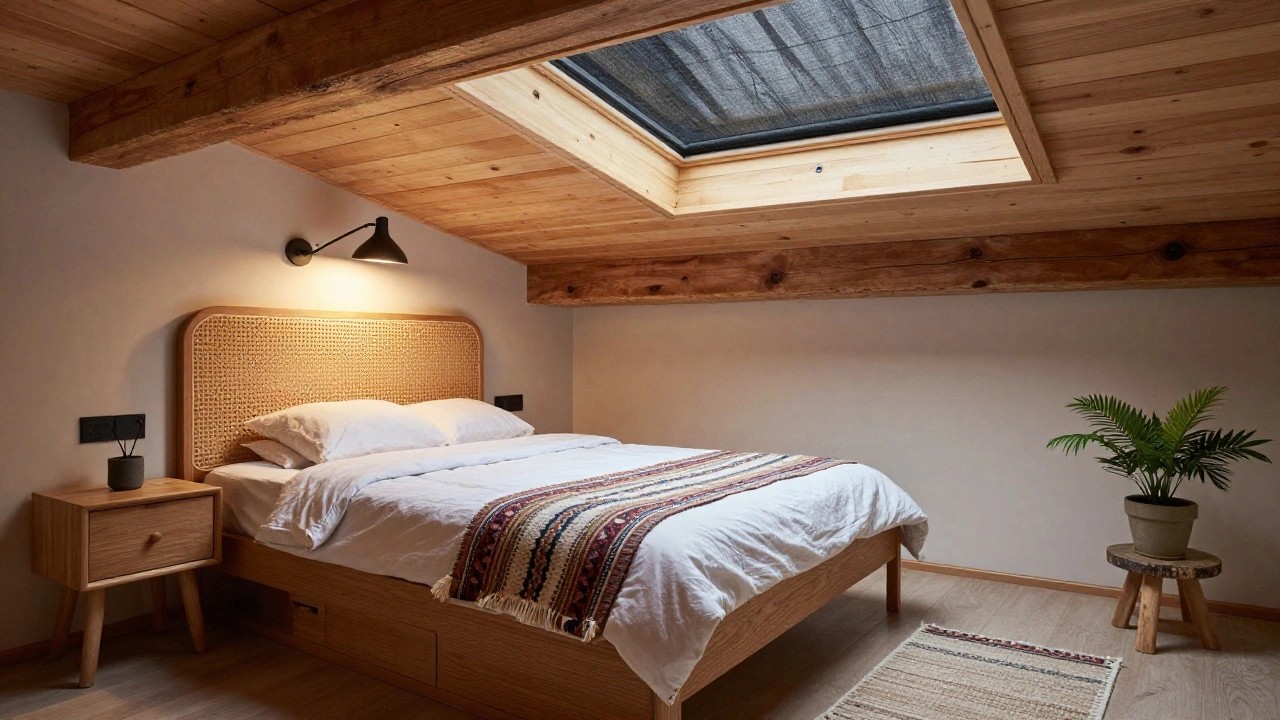 Small attic bedroom with sloped wooden ceiling, skylight, wooden platform bed featuring under-bed drawers and rattan headboard, white bedding with beige knit throw, potted plant on stool, and woven rug on concrete floor.