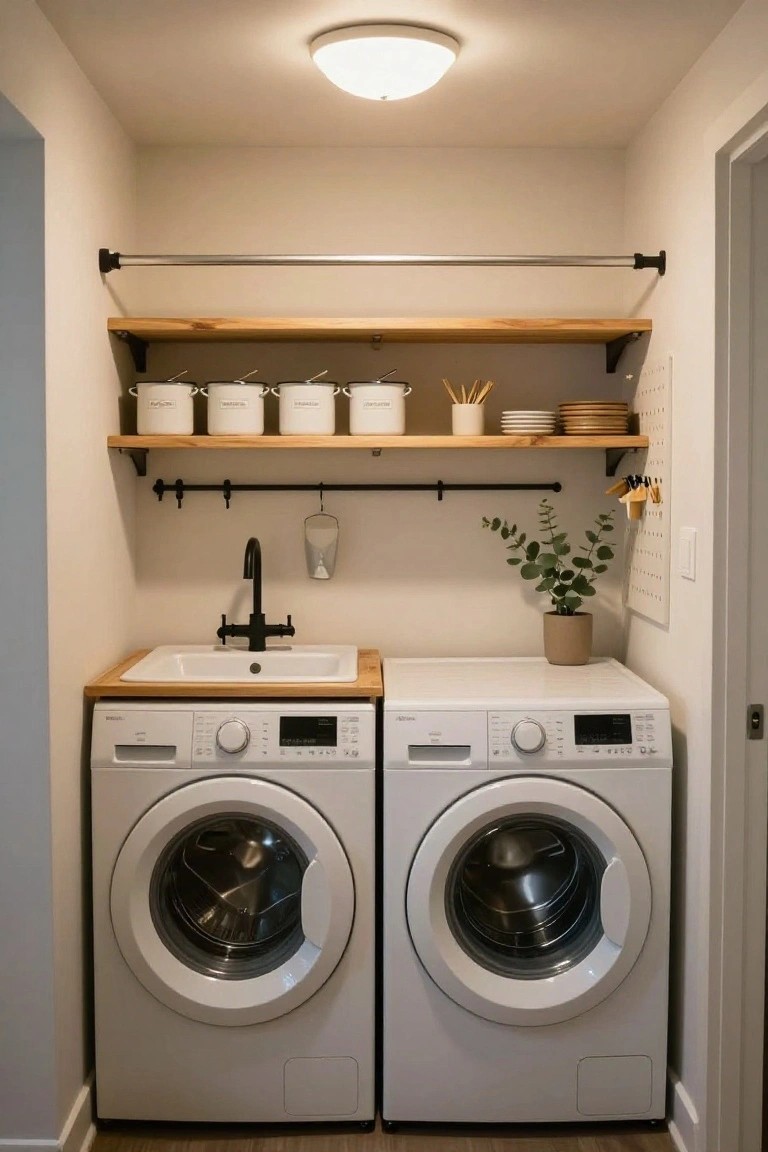 Narrow indoor laundry room with two white front-loading washers and dryers, wood countertop utility sink with black faucet, floating oak shelves holding white labeled jars and dishes, black metal hanging bar, potted eucalyptus plant, and white walls.