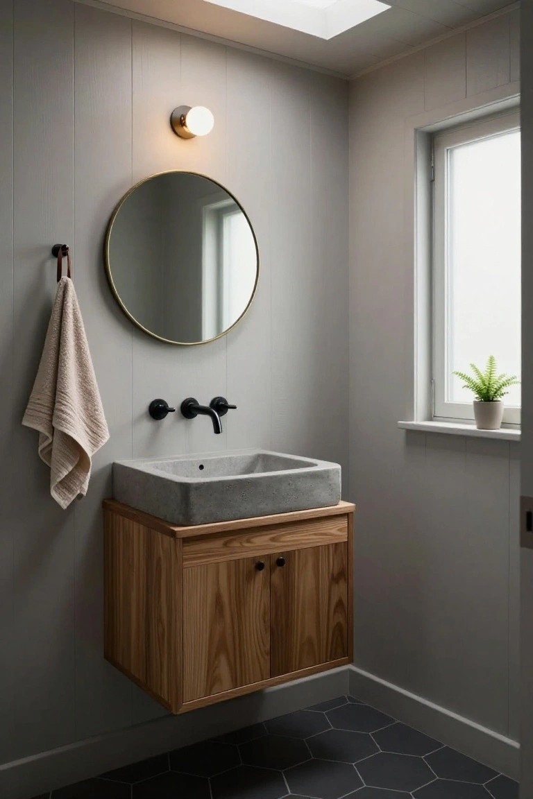 Small interior bathroom with light gray shiplap walls, floating oak wood vanity under a gray concrete sink with black matte faucet, gold round mirror, beige towel on brass hook, skylight above, window with potted fern, and dark hexagonal floor tiles.
