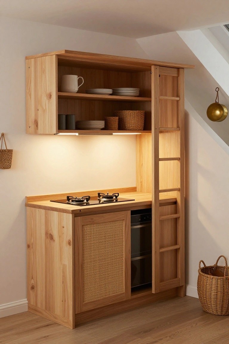 Wooden corner kitchen unit with built-in ladder, two-burner gas stove, oven drawer, open shelves holding dishes and baskets, rattan-front cabinet doors, and under-cabinet lighting.