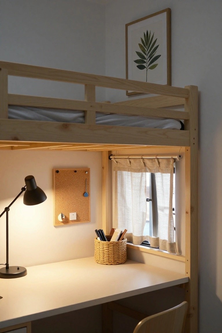 Wooden lofted bunk bed with mattress above a white desk area, adjustable desk lamp, corkboard, pencil holder, and window with beige curtains in a light-colored room.