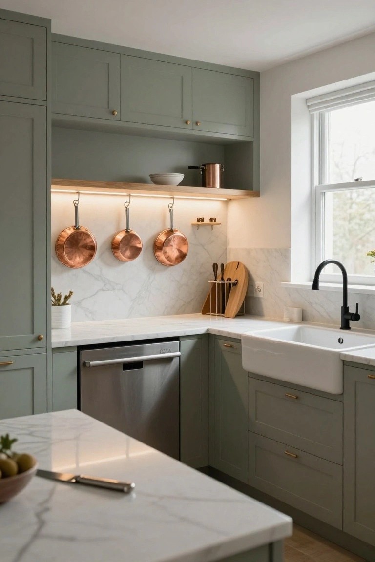 Compact corner kitchen with sage green shaker-style cabinets, white marble countertops and backsplash, white farmhouse sink, stainless steel dishwasher, black faucet, hanging copper pots on a lit wooden shelf, knife block, and potted plants.