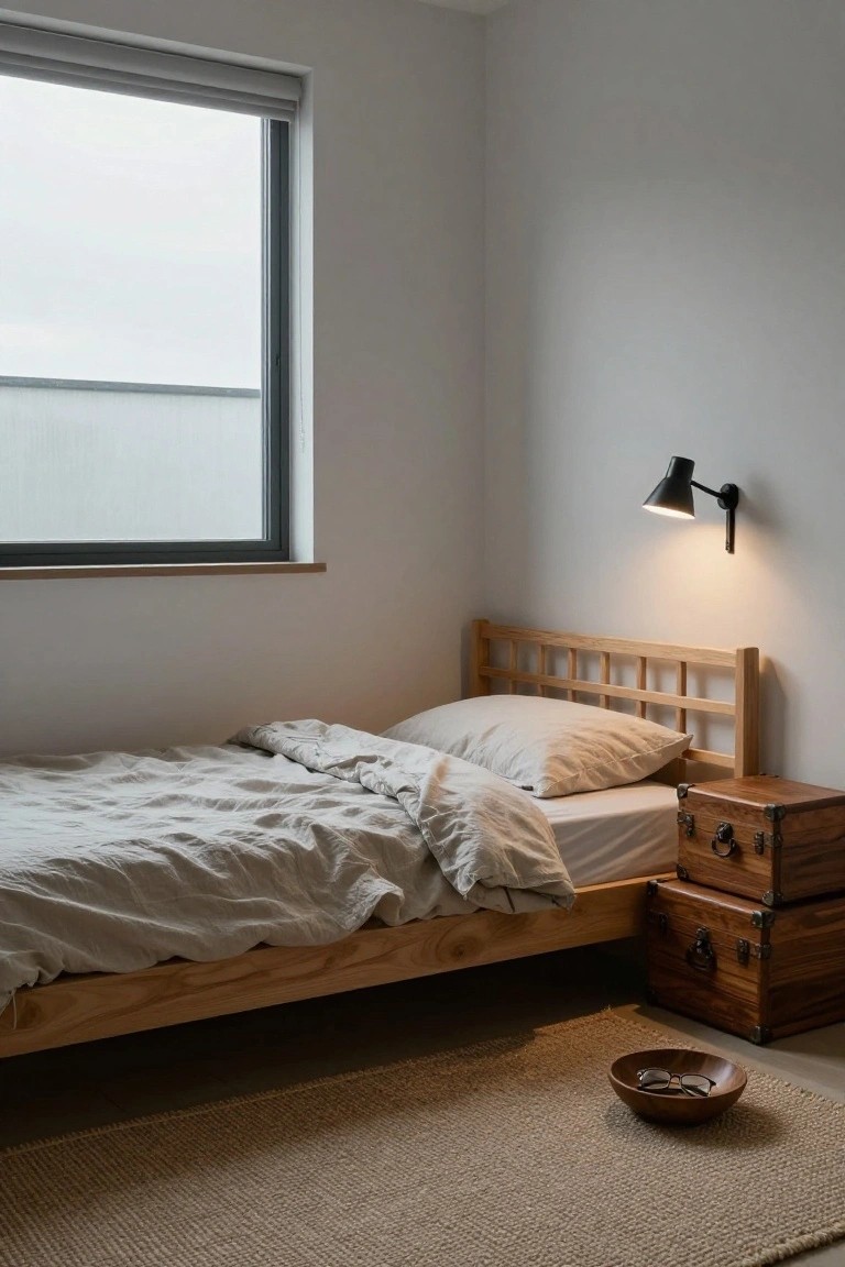 Small bedroom interior featuring a wooden lattice-headboard bed with white linen bedding, two stacked wooden trunk nightstands, a black wall-mounted lamp, a large window with blinds, and a seagrass rug on a light floor.