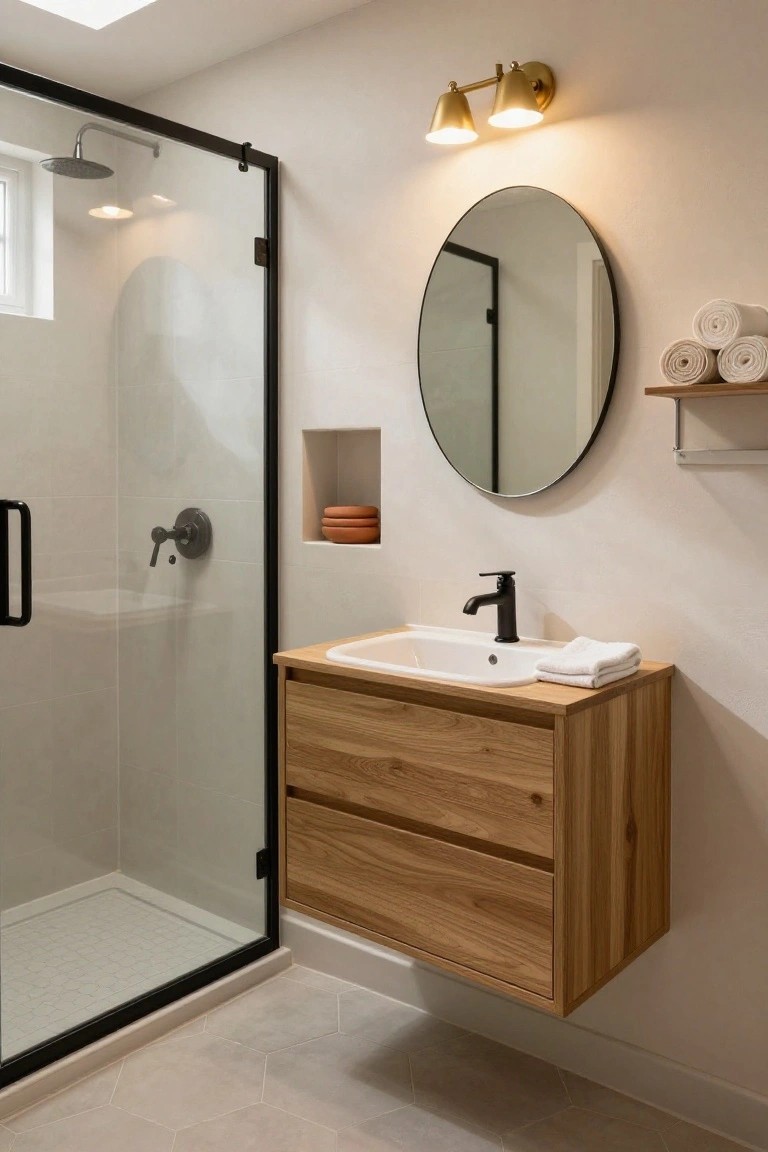 Small modern bathroom with floating light wood vanity and black faucet, black-framed glass shower enclosure with built-in niche and terra cotta dishes, round black mirror, stacked white towels, and brass sconces on white tiled walls.