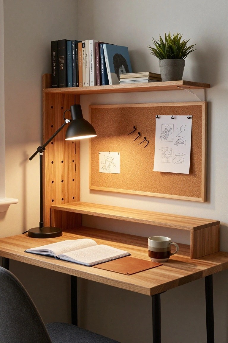 Wooden desk with open book and mug on surface, built-in upper shelves holding books and potted plant, adjacent corkboard with pinned drawings and notes, black desk lamp, in light room with gray chair.
