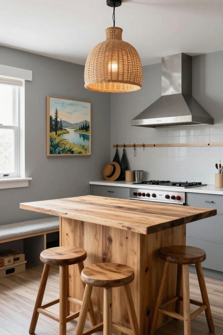 A kitchen interior with a large rectangular wooden table topped with live edges, four round wooden stools, a cushioned bench seat, gray walls, white subway tile backsplash, stainless steel range hood and cooktop, and a rattan pendant light overhead.
