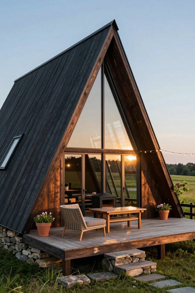 Dark wooden A-frame cabin with large triangular glass facade and sliding doors, wooden deck with rattan chair, table, potted plants, and string lights, on stone base amid grassy field at sunset.
