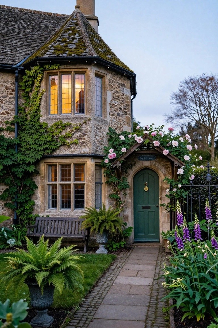 Stone cottage exterior with mossy roof, ivy on walls and bay windows, arched green front door under a porch covered in pink climbing roses, stone path lined with foxgloves and ferns.
