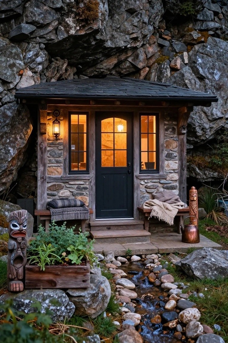 Small cabin with stone and wood exterior built into a rocky hillside, dark wooden door and windows lit from inside, flanked by tiki statues, plants, bench, and a stone-lined stream.