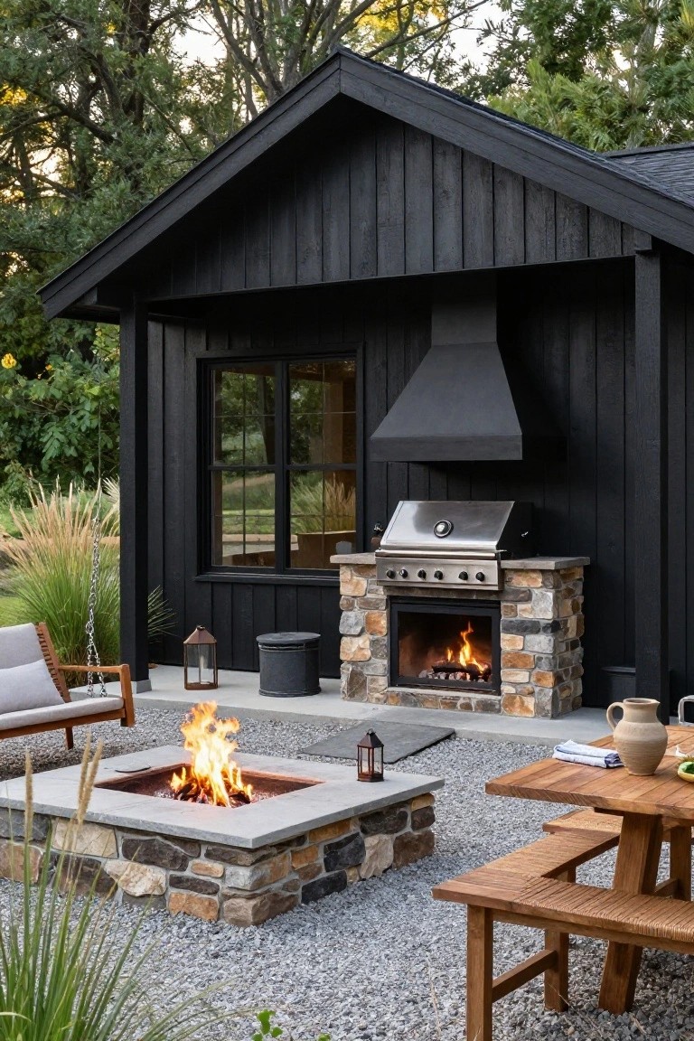 Black-stained wood pavilion with built-in stainless steel grill under a black hood, adjacent stone fireplace with fire, square stone fire pit, wooden dining table with benches, lounge chairs, lanterns, and gravel patio amid ornamental grasses and trees.
