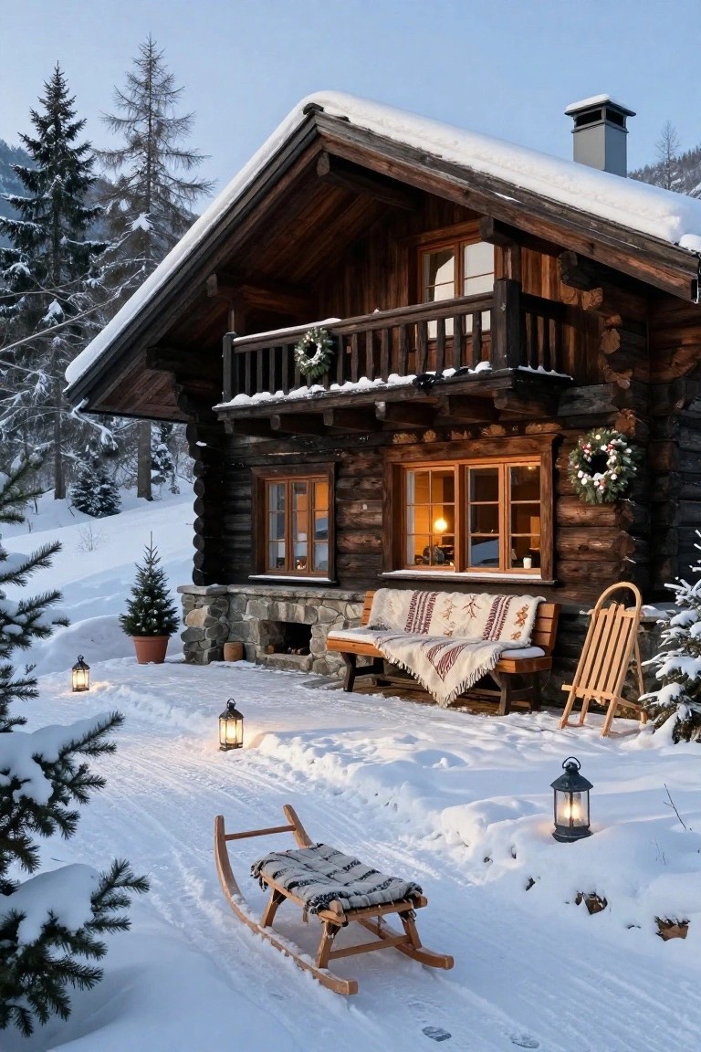 Snow-covered wooden log chalet with steep roof, balcony with wreath, lit windows, outdoor bench with blankets, wooden sled, lanterns, small Christmas tree, and surrounding pine trees in winter mountainside setting.