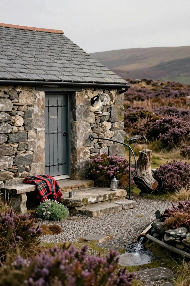 Stone cottage with slate roof, dark blue wooden door, stone steps, wooden bench draped in plaid blanket, metal lantern, and purple heather plants surrounding the gravel entry area against misty hills.