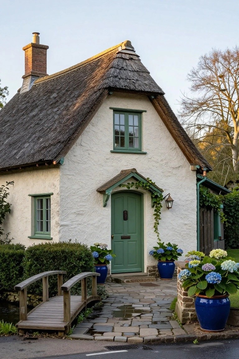 A small white cottage with steeply pitched thatched roof, green door and window frames, ivy climbing the entry porch, large blue hydrangea pots on either side of the door, and a wooden arched bridge over a stream leading to a stone path.