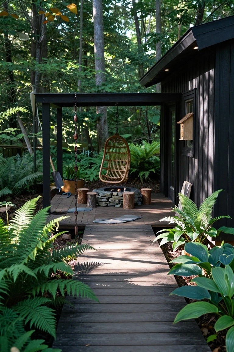 Small black cabin with covered porch holding a stone fire pit, log stools, hanging rattan chair, potted plants, ferns, and a wooden path leading through greenery in a forest setting.