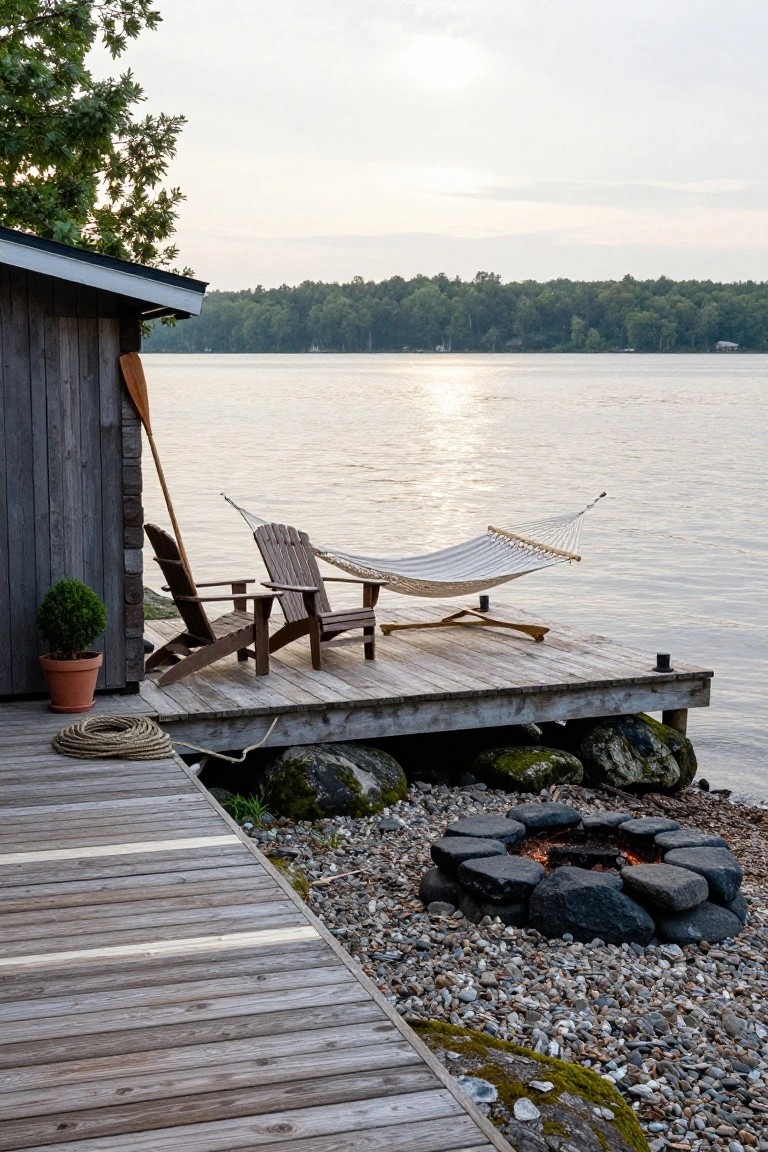 Wooden dock extending into a calm lake with two brown Adirondack chairs, white hammock on stand, leaning wooden paddle against gray boathouse, potted boxwood plant, coiled rope, and circular stone fire pit with flames on rocky pebbled shore amid trees at dusk.